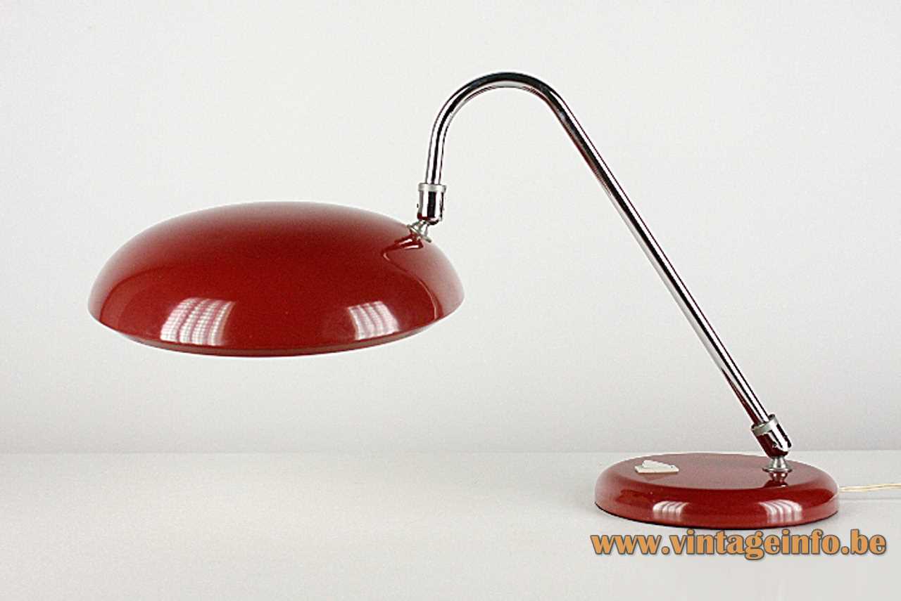 Lupela desk lamp Cisne swan neck curved chrome rod dark red base & lampshade 1970s 1980s Spain
