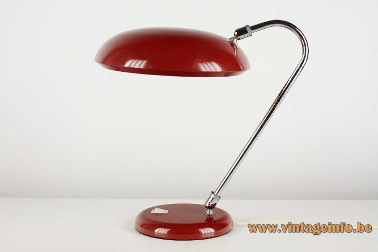Lupela desk lamp Cisne swan neck curved chrome rod dark red base & lampshade 1970s 1980s Spain