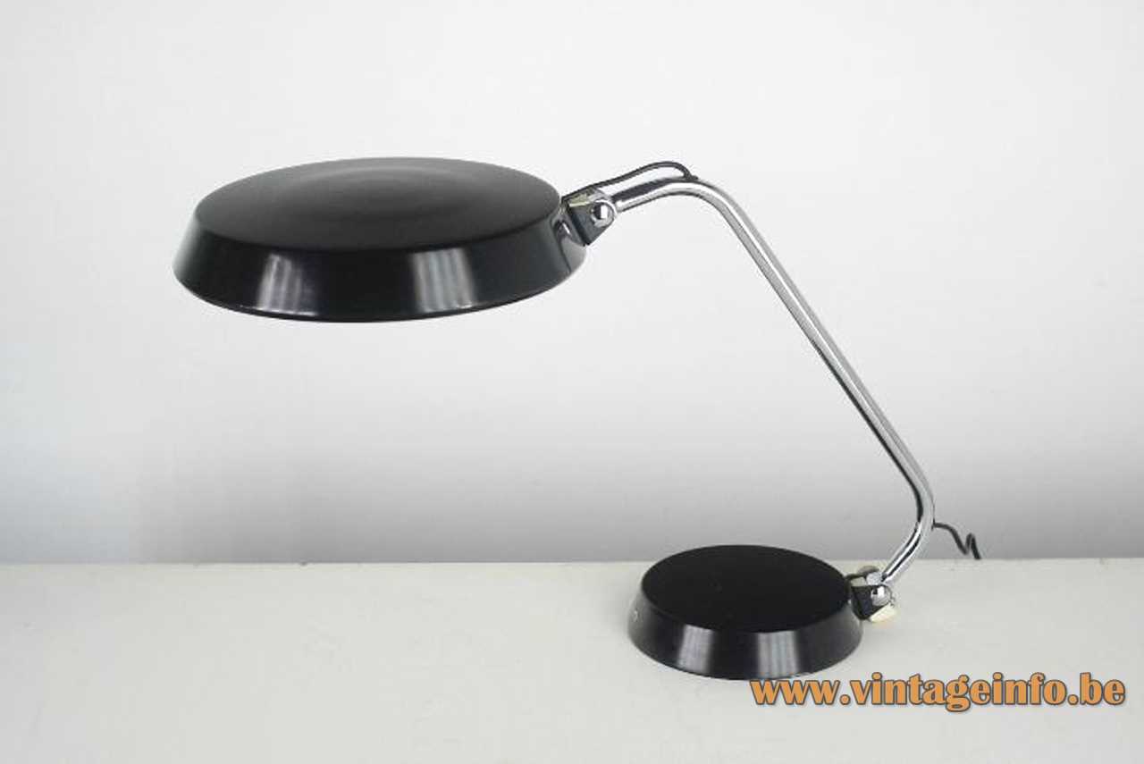 Ma-Of Spain desk lamp black round base & lampshade curved chrome rod 1970s 1980s Maof 2 sockets