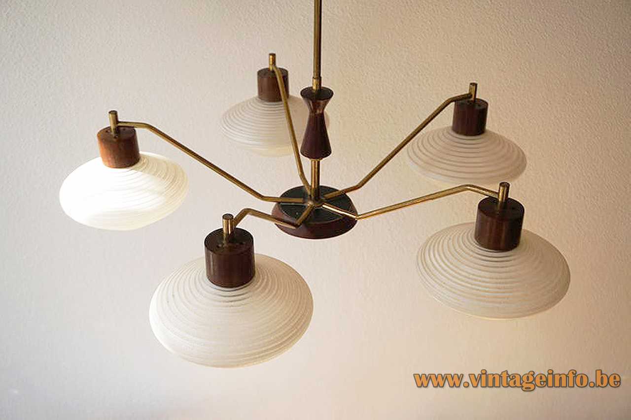 assive Belgium 1960s chandelier brass curved rods 5 striped opal glass lampshades teak lampshade holders 1970s 