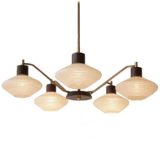 assive Belgium 1960s chandelier brass curved rods 5 striped opal glass lampshades teak lampshade holders 1970s