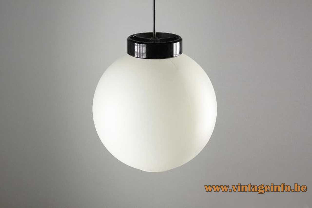 Miguel Milá Globo pendant lamp 1964 design white acrylic globe lampshade black ring Tramo Polinax 1960s 