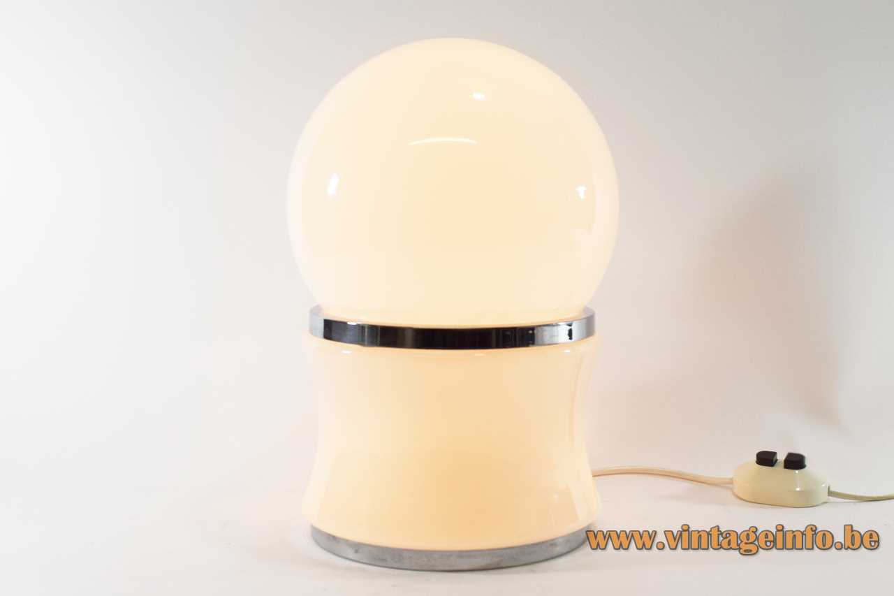 Opal globe table lamp chrome base & ring glass sphere double switch 3 sockets 1960s 1970s Italy