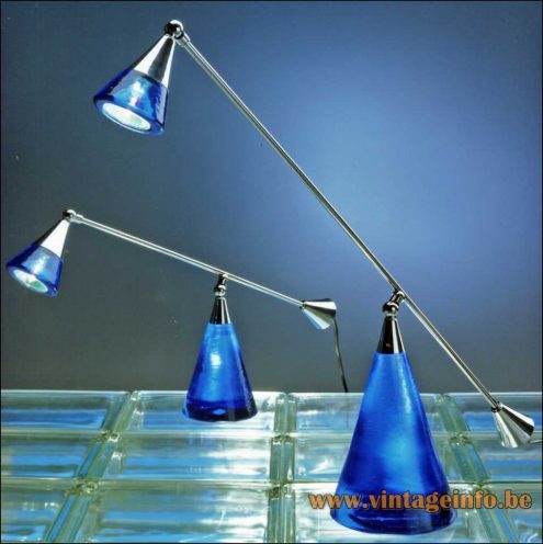 Paul Neuhaus desk lamps in concical blue glass and chrome 1980s design: Rolf Krüger