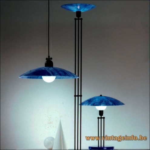 Paul Neuhaus table, floor & pendant lamp in blue glass and metal design: Rolf Krüger 1980s