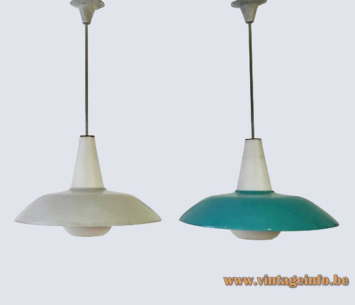Philips 1950s pendant lamp Stockholm design Louis Kalff white opal glass diffuser round metal lampshade 1960s
