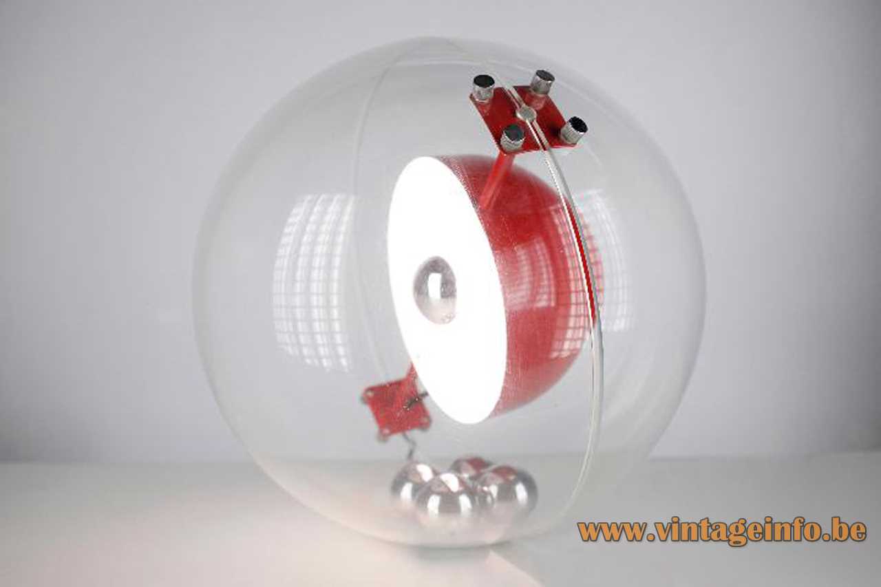 Rafael Carreras Tramo table lamp clear acrylic globe red round aluminium lampshade 4 chrome balls 1970s