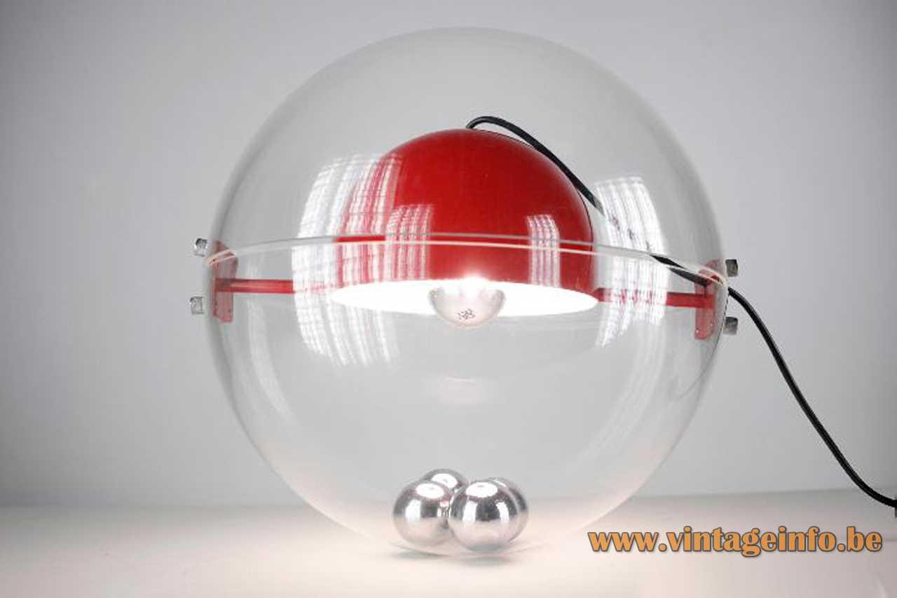 Rafael Carreras Tramo table lamp clear acrylic globe red round aluminium lampshade 4 chrome balls 1970s