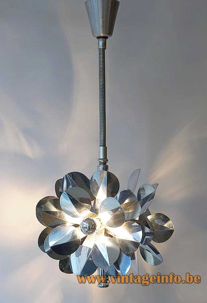 Stainless steel flower chandelier 3 folded & cut Inox lampshades Tappital Italy rise & fall mechanism 1960s 1970s 