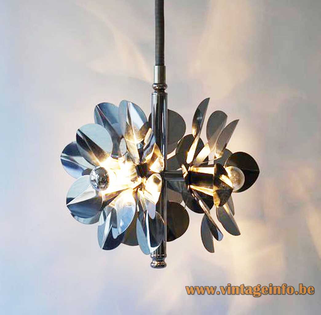 Stainless steel flower chandelier 3 folded & cut Inox lampshades Tappital Italy rise & fall mechanism 1960s 1970s 