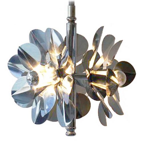 Stainless steel flower chandelier 3 folded & cut Inox lampshades Tappital Italy rise & fall mechanism 1960s 1970s
