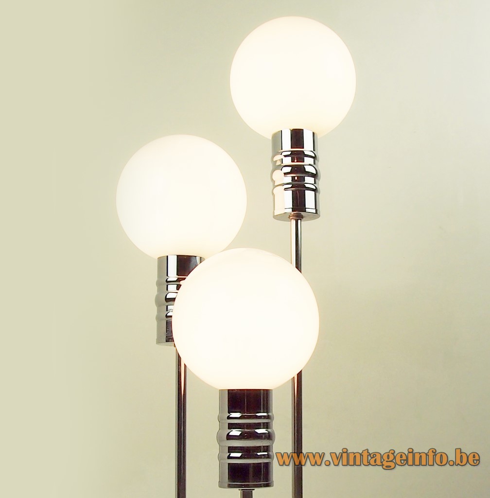 Sölken-Leuchten white globes table lamp 3 opal glass lampshades chrome base & rods Germany 1960s 1970s