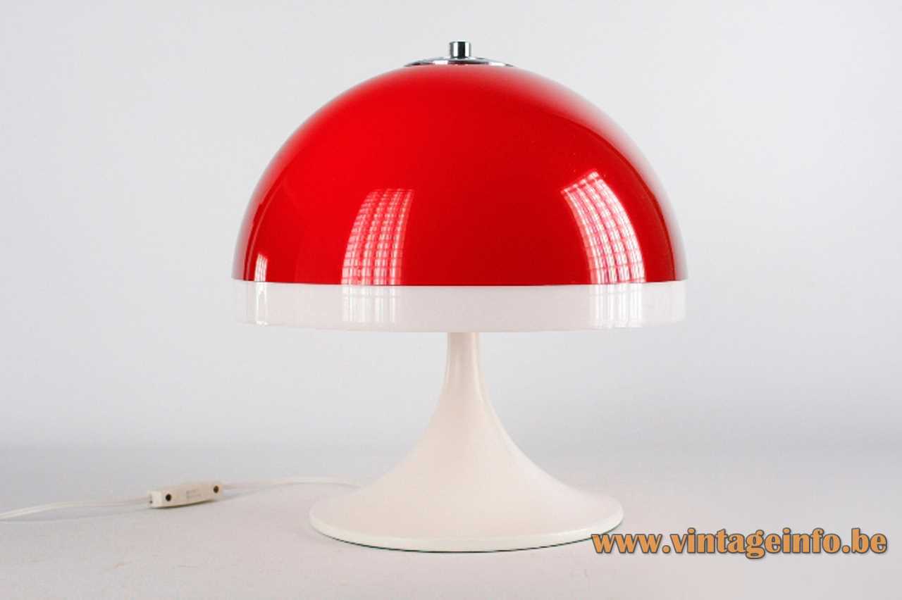 Tramo mushroom table lamp design: Joan Antoni Blanc round base red & white acrylic lampshade 1960s Spain