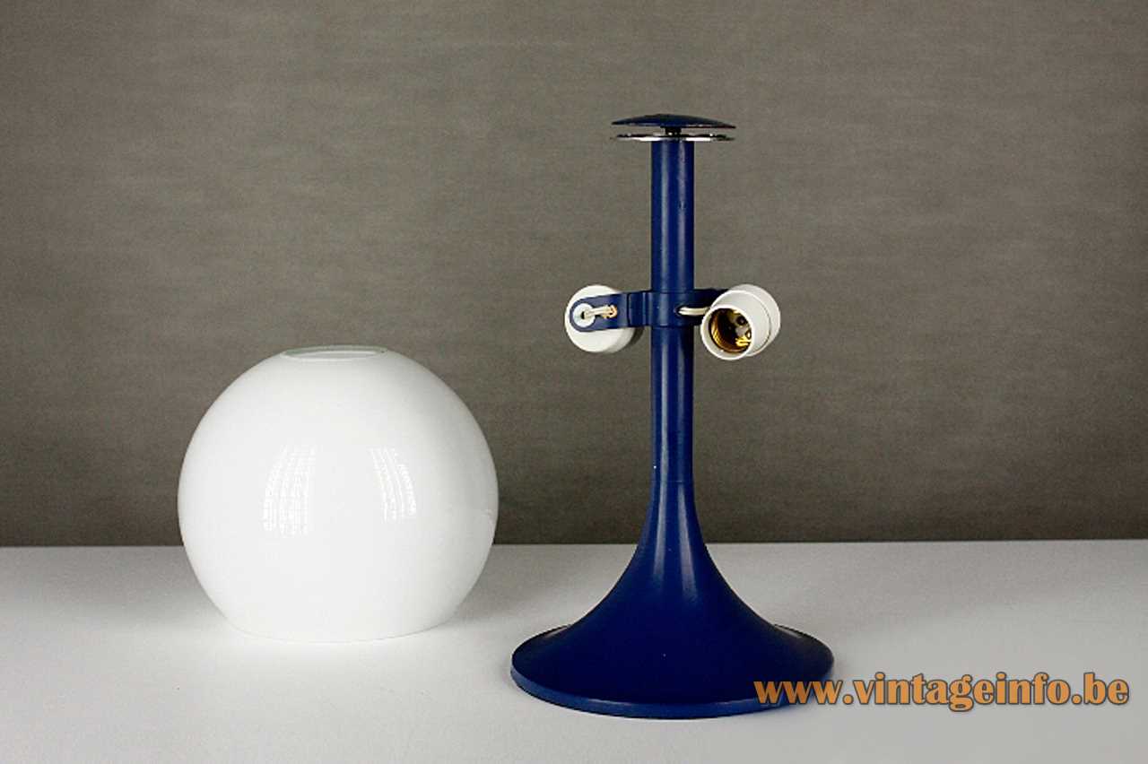 Tramo opal globe table lamp design: Joan Antoni Blanc blue base glass lampshade 1960s 1970s Spain