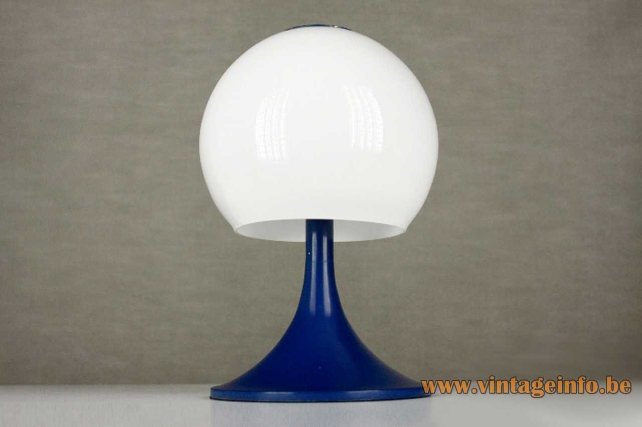 Tramo opal globe table lamp design: Joan Antoni Blanc blue base glass lampshade 1960s 1970s Spain