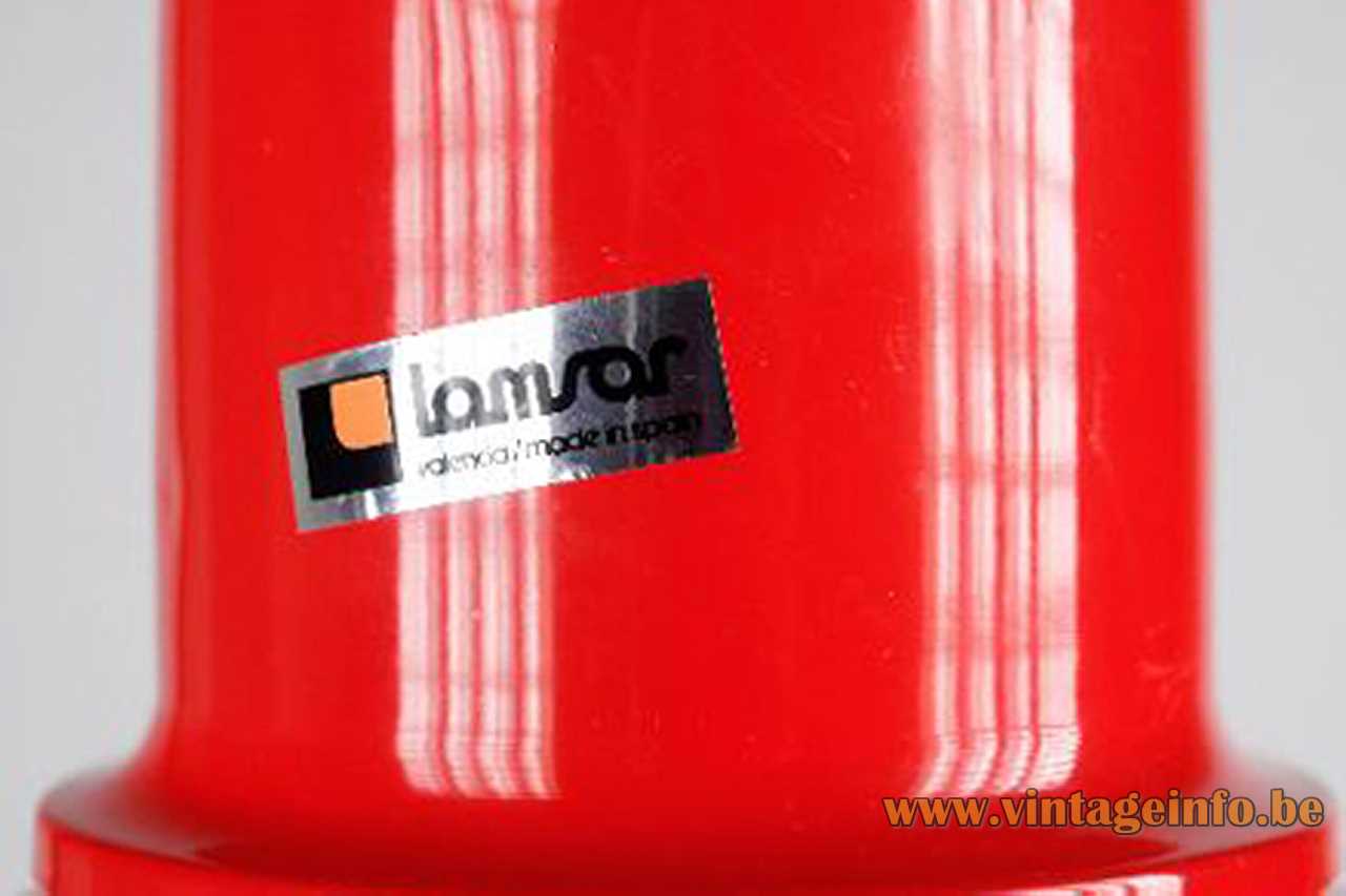 1970s Lamsar pendant lamp red industrial metal lampshade white inside Roberto Menghi design label Spain
