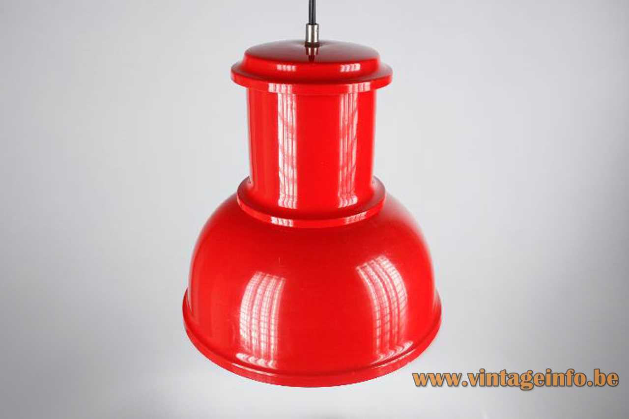 1970s Lamsar pendant lamp red industrial metal lampshade white inside Roberto Menghi design Candle Italy & Spain