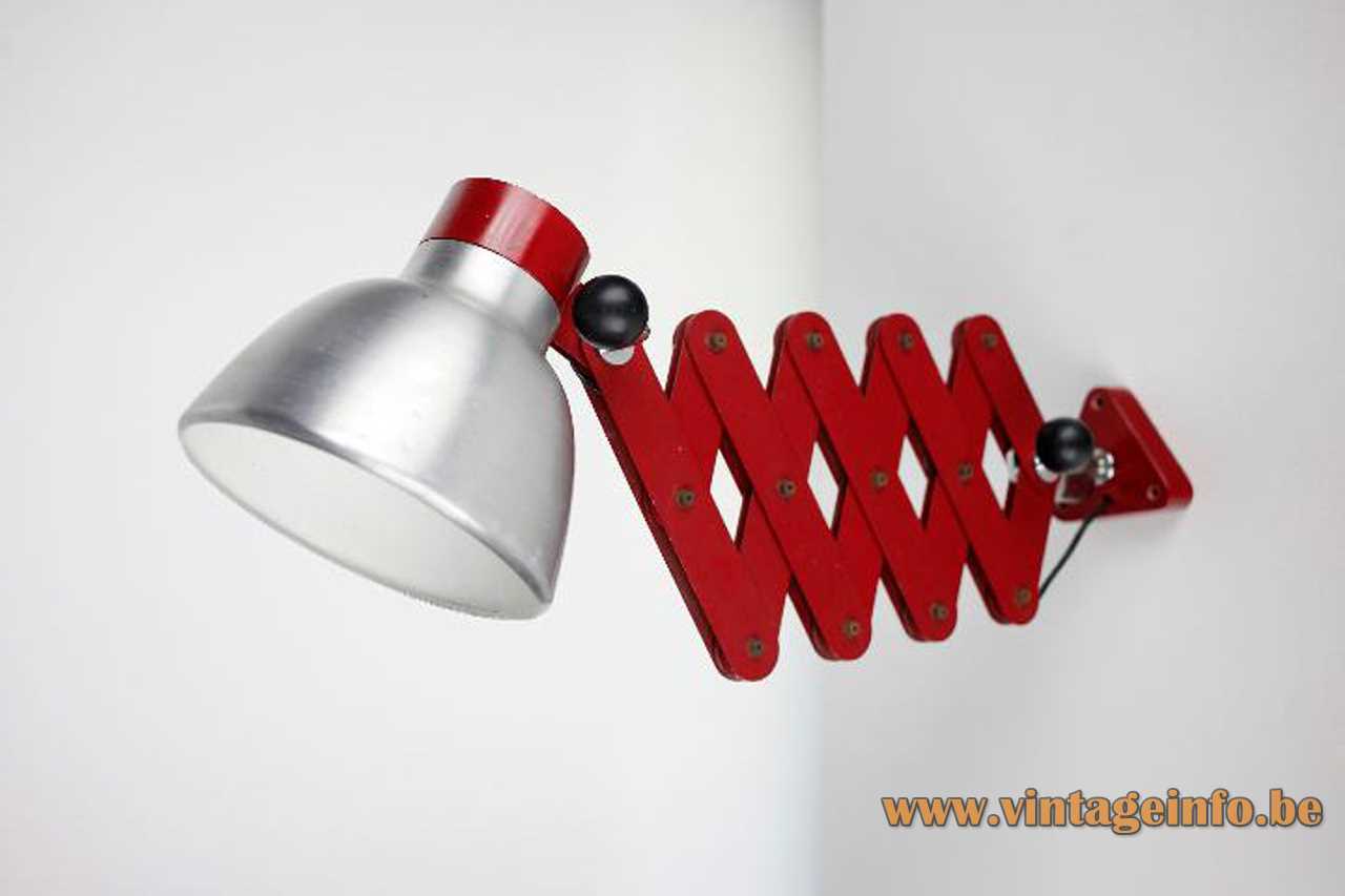 Foldable red wall lamp made of metal slats brushed aluminium lampshade E27 socket