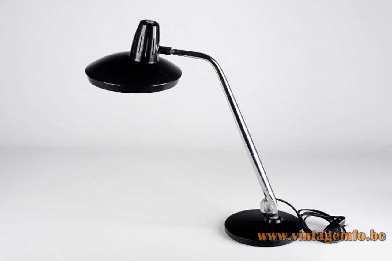 Black Fase Faro table lamp Fround metal base adjustable chrome rod round lampshade 1970s Spain