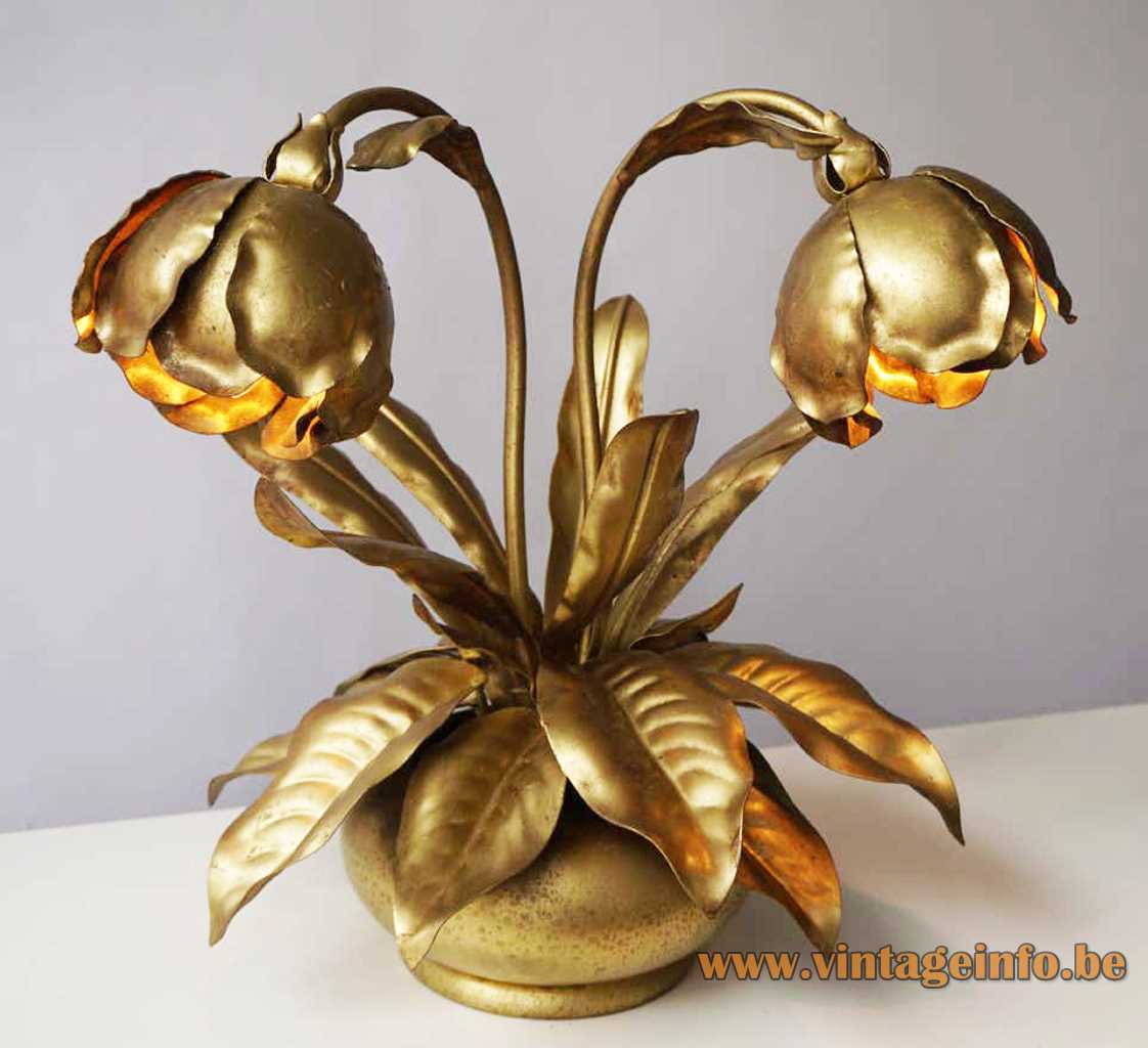 Brass peony table lamp gold painted round wood base rose flower leaves 1960s 1970s E14 sockets