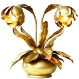 Brass peony table lamp gold painted round wood base rose flower leaves 1960s 1970s E14 sockets