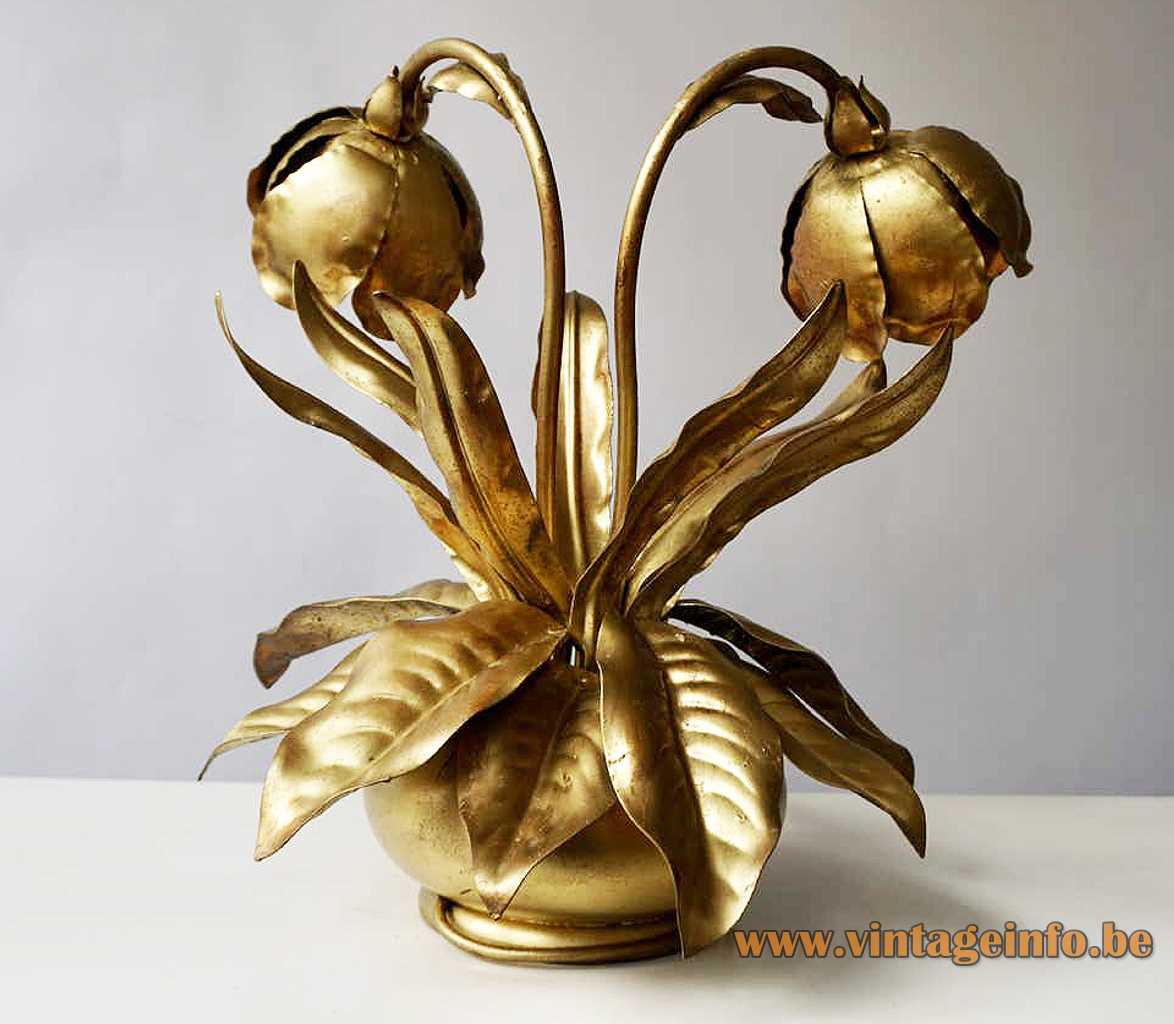 Brass peony table lamp gold painted round wood base rose flower leaves 1960s 1970s E14 sockets