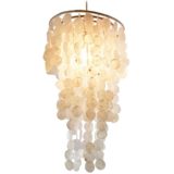 Capiz shells pendant lamp mobile windgong round cut shells discs cane rings rope 1980s Philippines