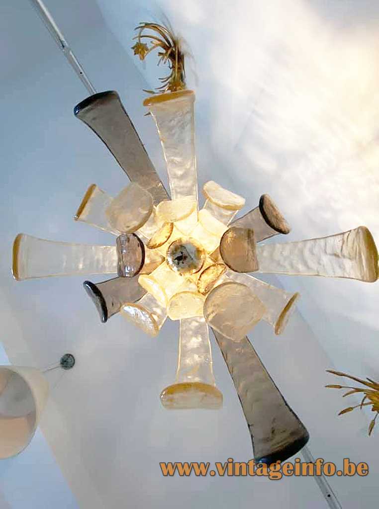 Carlo Nason artichoke pendant lamp 1970s design curved amber Murano glass leaves 1970s AV Mazzega Italy