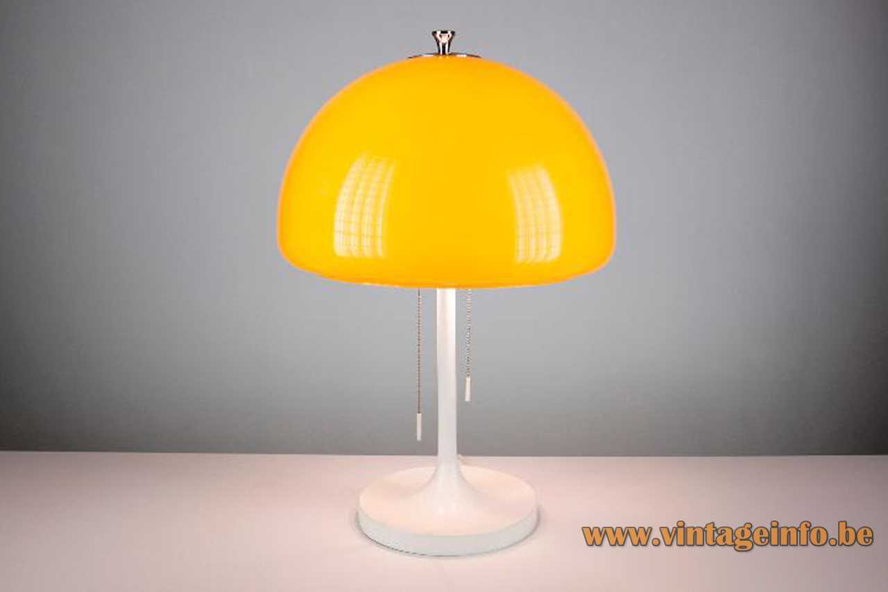 Codialpo mushroom table lamp yellow acrylic lampshade white round base & rod pull cord switches 1970s Spain 