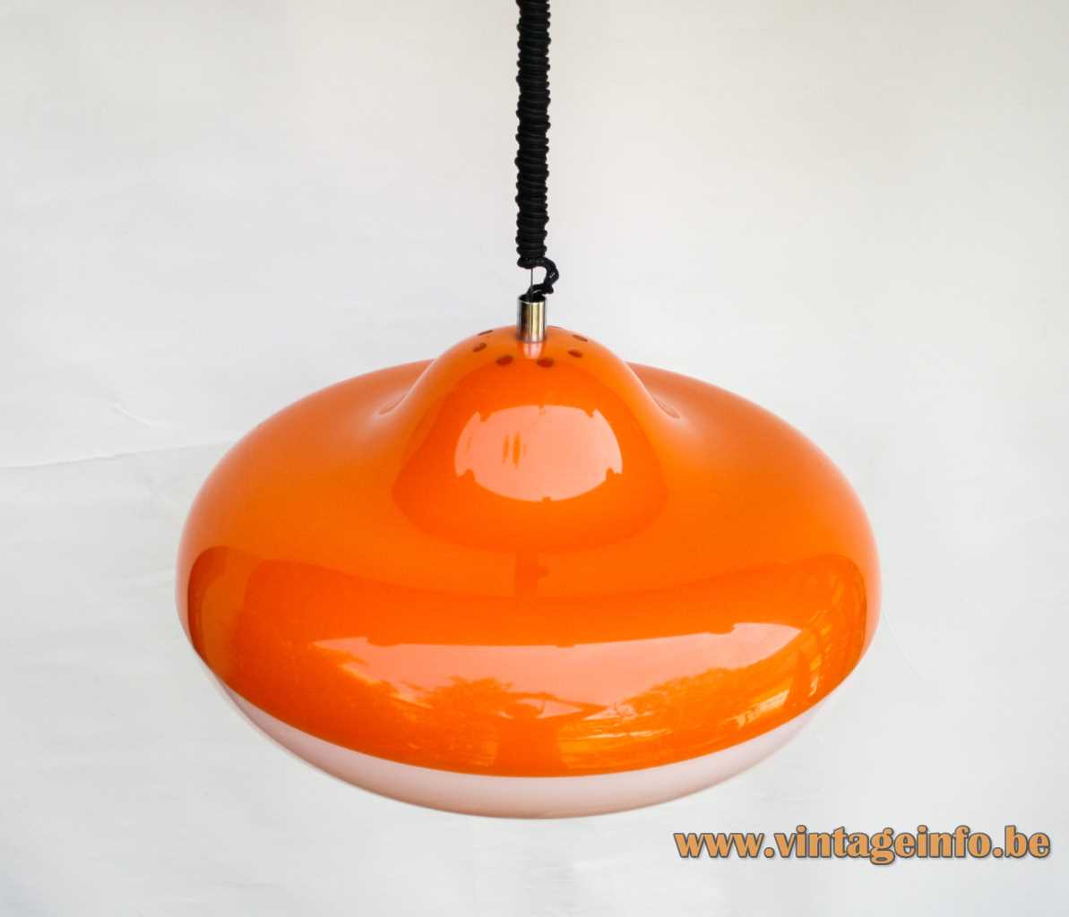 Design House Disco pendant lamp whirligig UFO spinner orange & white acrylic chrome handle Harvey Guzzini 1960s