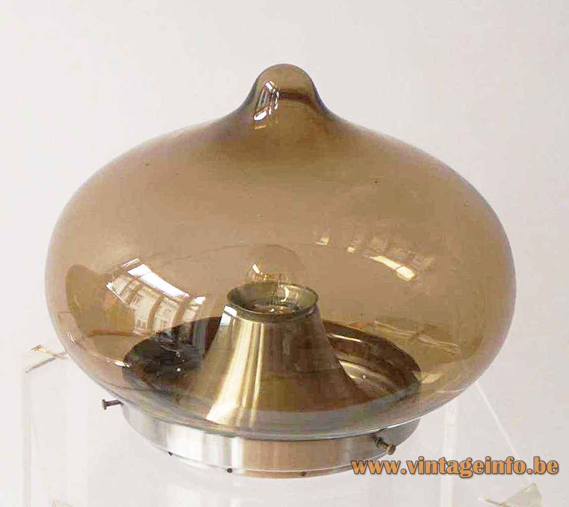 Dijkstra droplet flush mount smoked brown glass lampshade aluminium ceiling mount E27 socket 1960s 1970s Netherlands