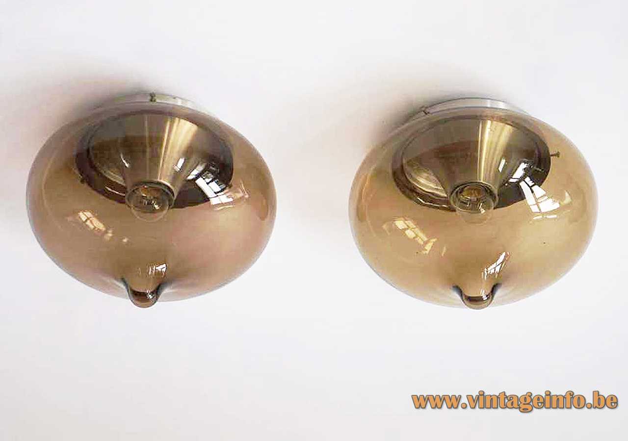 Dijkstra droplet flush mount smoked brown glass lampshade aluminium ceiling mount E27 socket 1960s 1970s Netherlands