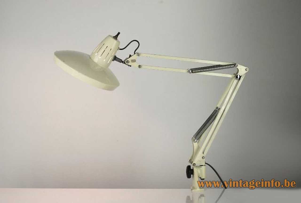 Fase 67 F-1 clamp lamp square white metal rods & lampshade chrome springs 1970s Madrid Spain