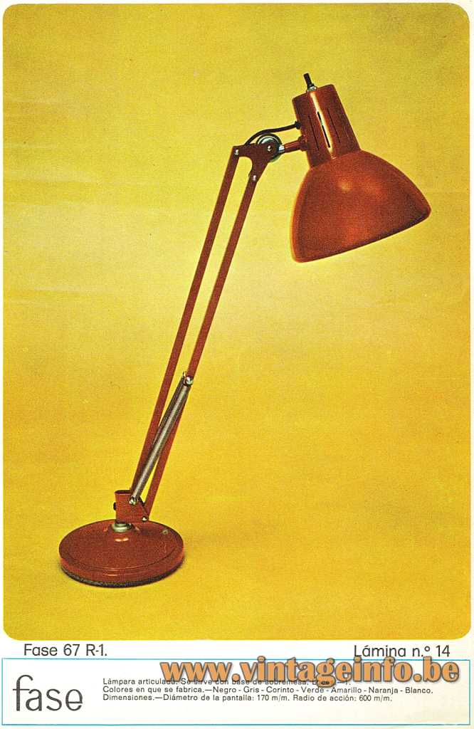 Fase Architect Desk Lamp, model 67 R-1, 1974 Catalogue, Madrid, Spain