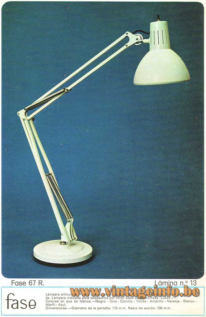 Fase Architect Desk Lamp, model 67 R, 1974 Catalogue, Madrid, Spain