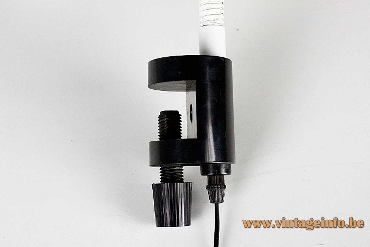 Fase snake clamp lamp flexible white goose-neck half round lampshade black screw E14 socket 1970s Spain