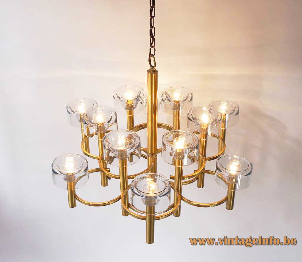 Gaetano Sciolari Olimpic chandelier brass tubes curved rods round glass lampshades 1970s Italy design