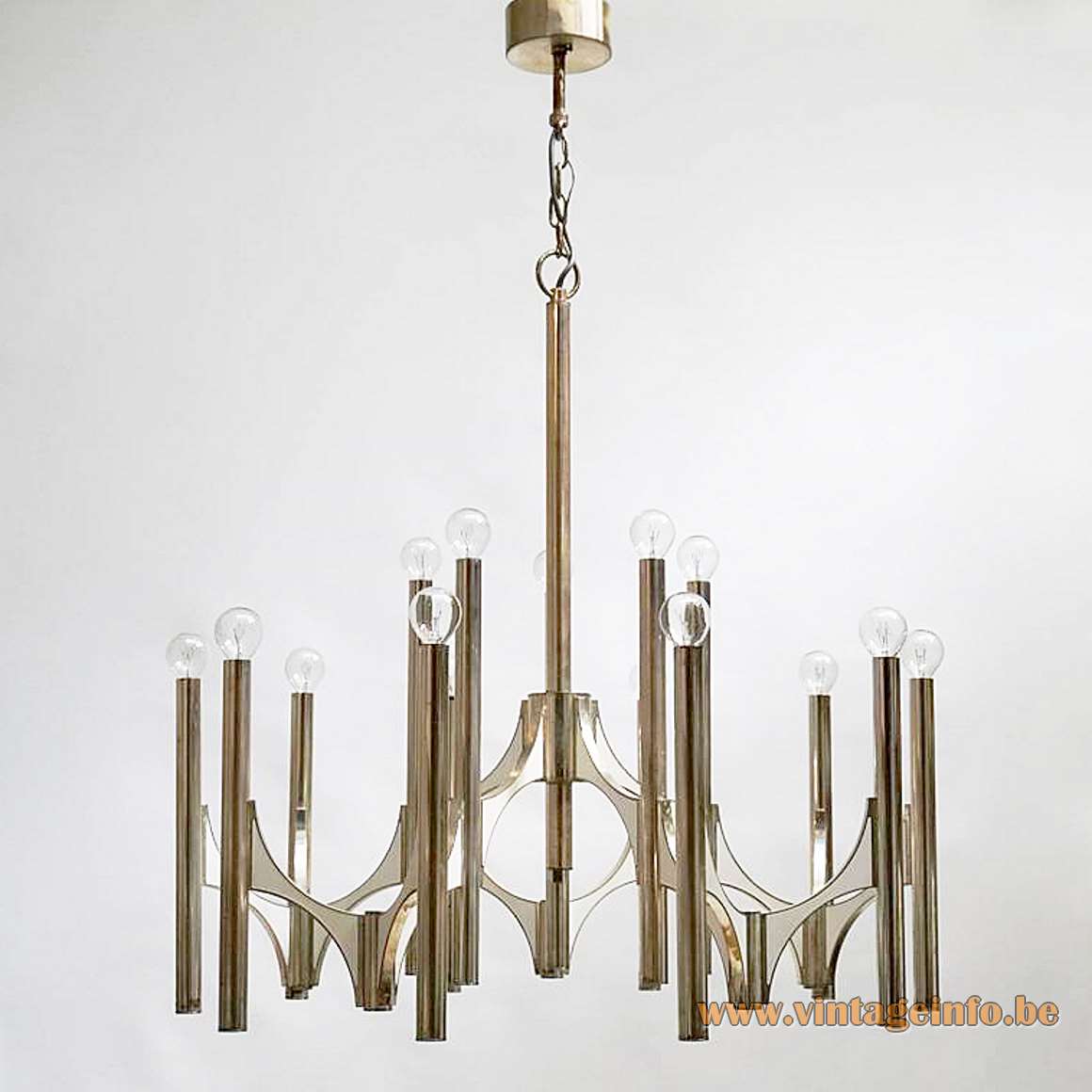 Gaetano Sciolari Orbit chandelier chrome curved metal aluminium rods tubes chain candlestick 1960s 1970s Italy design
