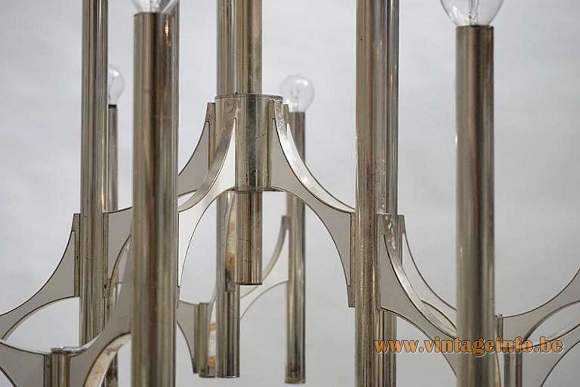 Gaetano Sciolari Orbit chandelier chrome curved metal aluminium rods tubes chain candlestick 1960s 1970s Italy design