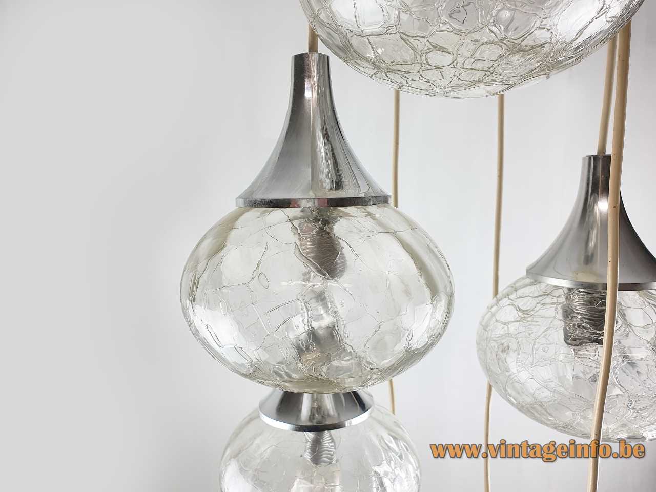 Hustadt crackle glass globes cascade chandelier 7 pendant lamps conical chrome top 1970s Hustadt-Leuchten Germany
