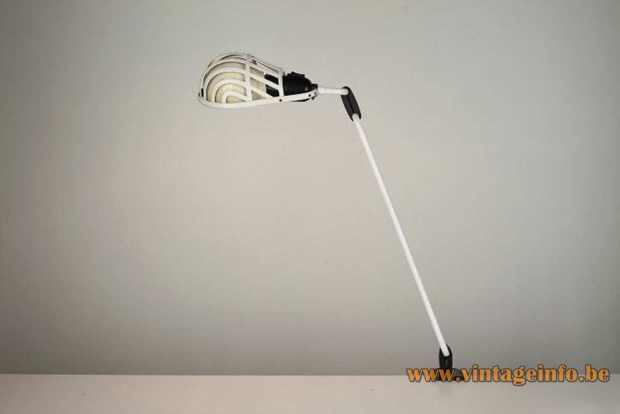 Lumina Igloo clamp lamp design: Tommaso Cimini long metal rod white grid lampshade 1980s Milan Italy