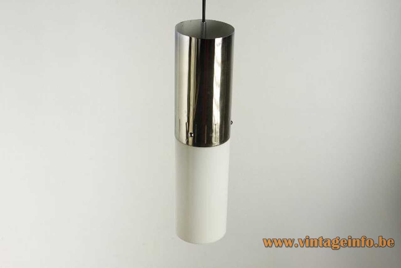 Lyma tubular pendant lamp chrome tube with elongated slots white opal glass lampshade 1970s Spain