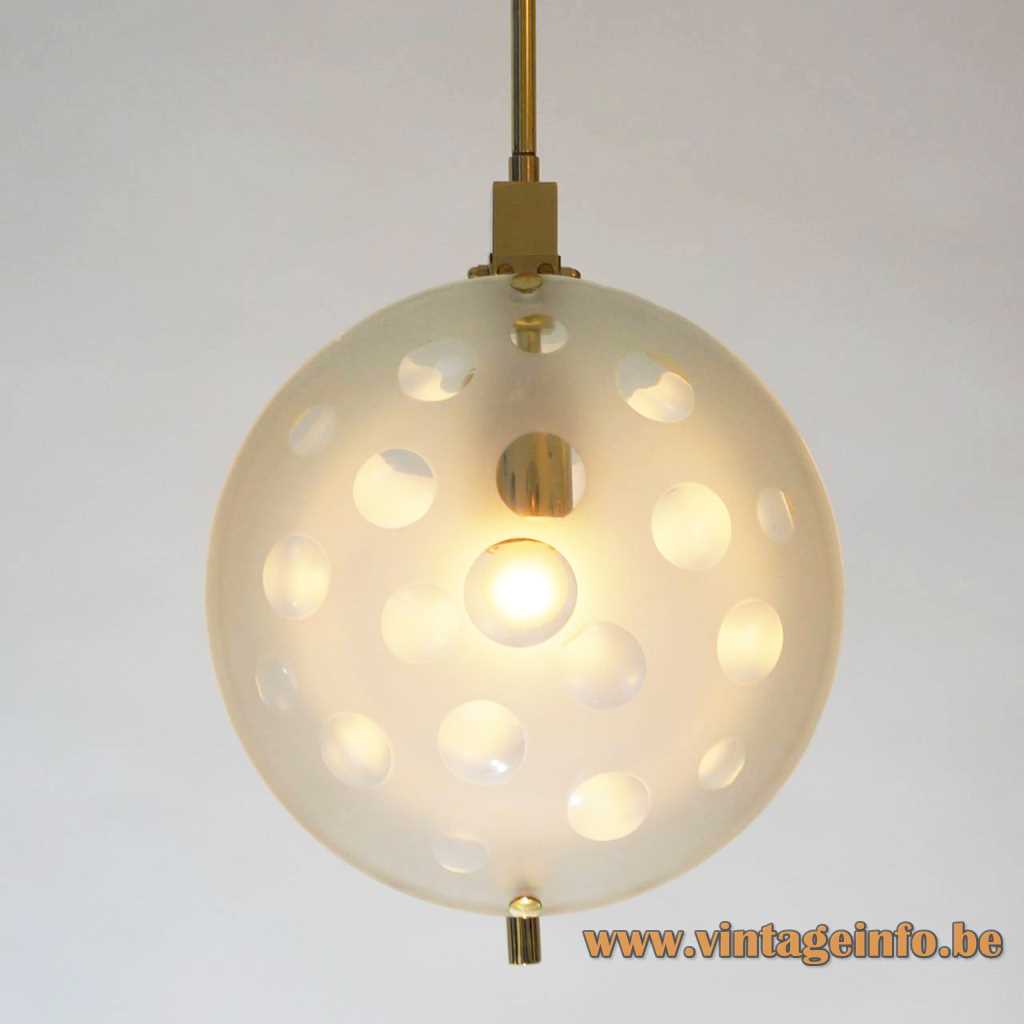 Max Ingrand style pendant lamp brass ring & rod 2 mat glass discs with cut circles 1990s