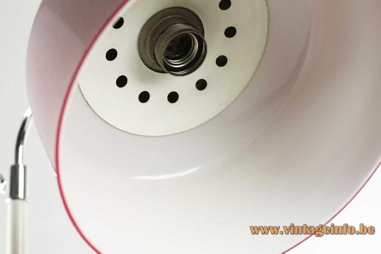Metalarte acrylic reading floor lamp white metal base adjustable chrome rod red plastic lampshade 1970s Spain