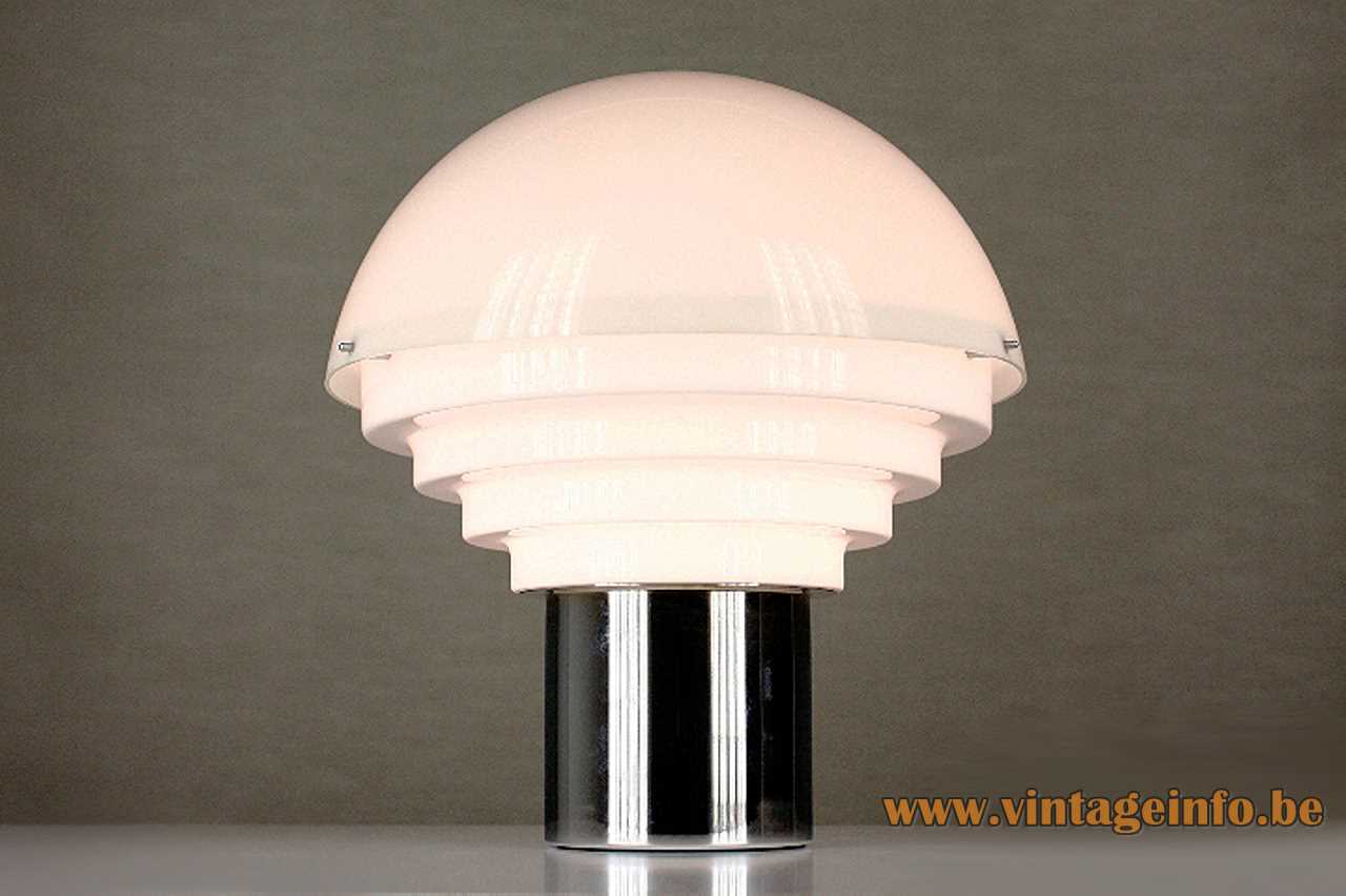 Metalarte acrylic table lamp chrome round base layered white plastic Perspex lampshade 1960s 1970s Barcelona Spain