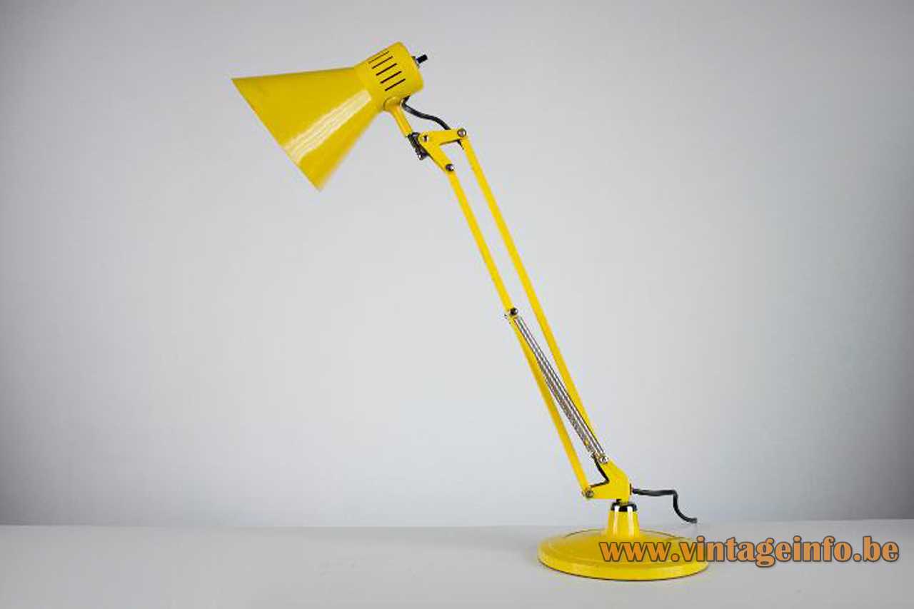 Metalarte architect desk lamp yellow round base & lampshade foldable rods chrome springs conical lampshade 1960s Spain