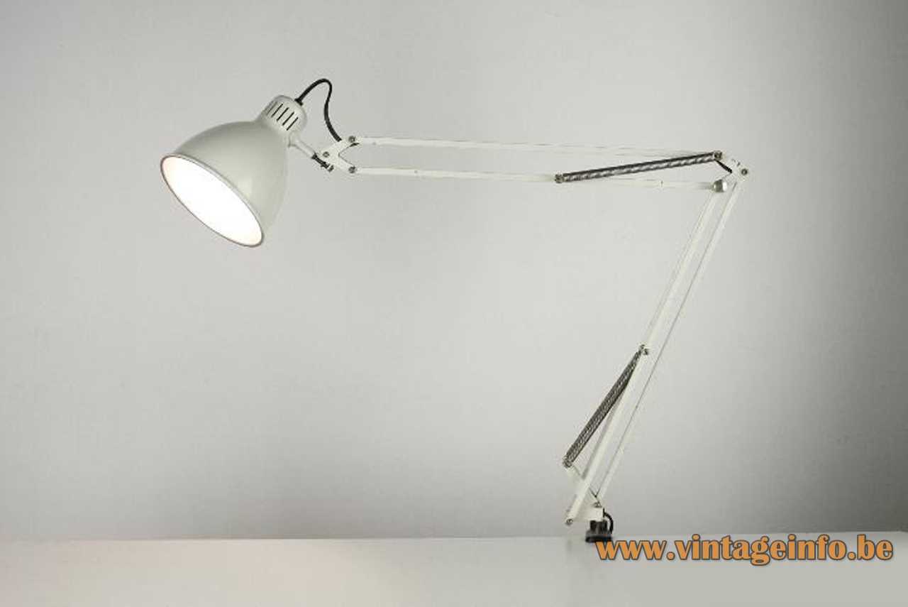 Metalarte Arma architect clamp lamp white metal square rods 4 springs round lampshade 1970s Spain