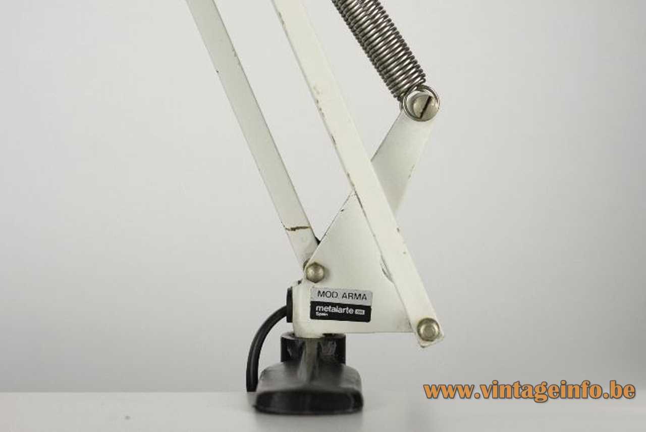 Metalarte Arma architect clamp lamp white metal square rods 4 springs round lampshade 1970s Spain
