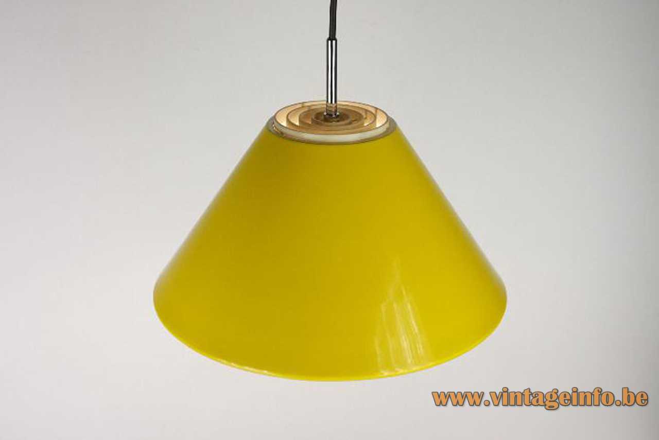 Metalarte conical pendant lamp yellow metal lampshade white plastic acrylic diffuser chrome rod 1970s Spain