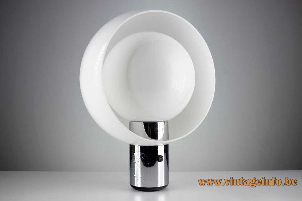 Metalarte Moon table lamp chrome tube 2 white acrylic round eclipse lampshades dimmer 1970s Spain